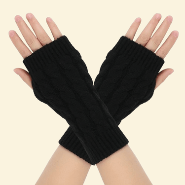 Black fingerless cable-knit winter gloves shown on hands